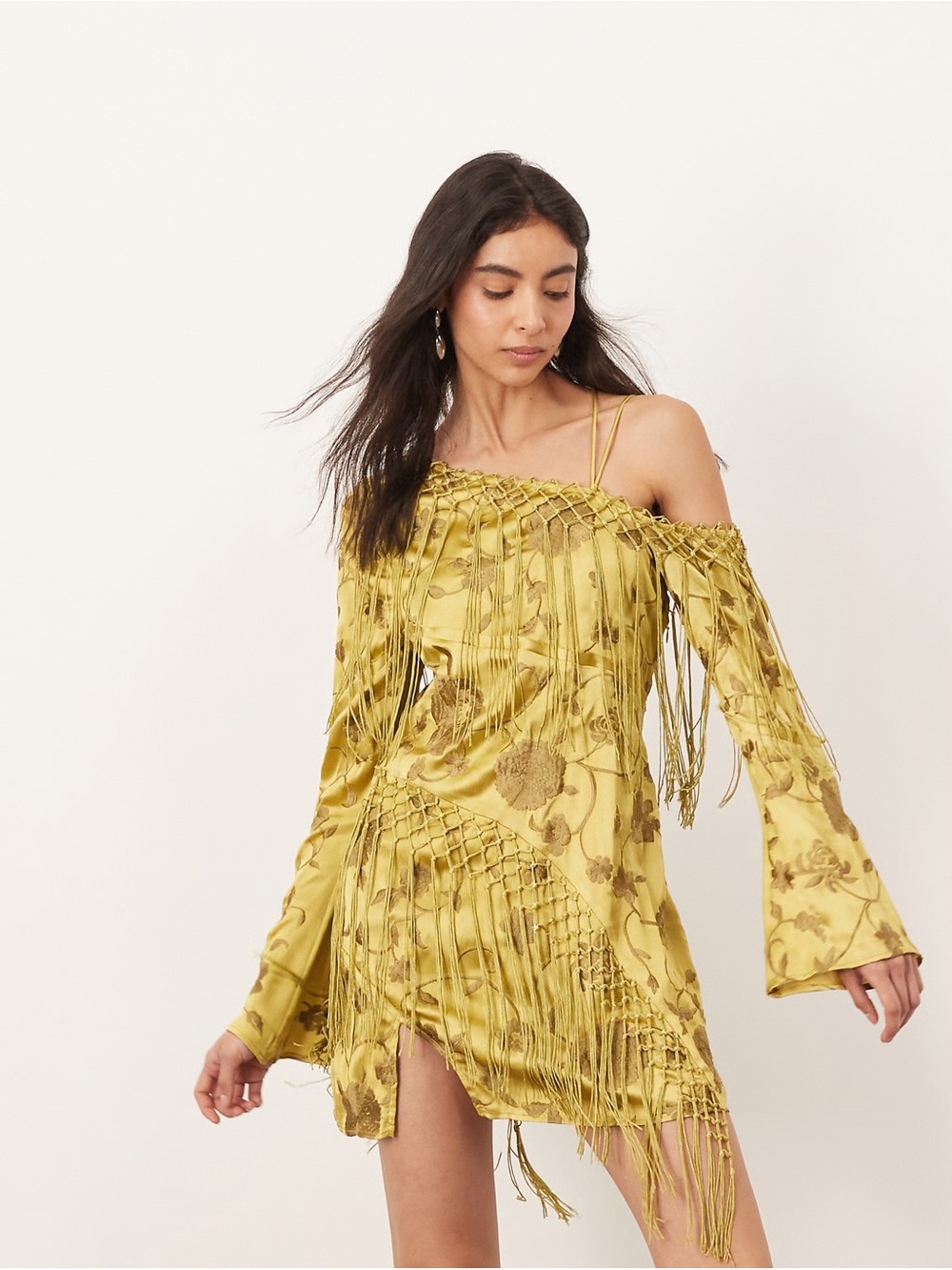 ARRANGE embroidered fringe detail off the shoulder tie back mini dress in olive